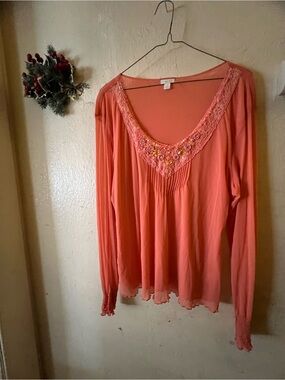 Apt. 9 Coral Embroidered V-Neck Long Sleeve Top